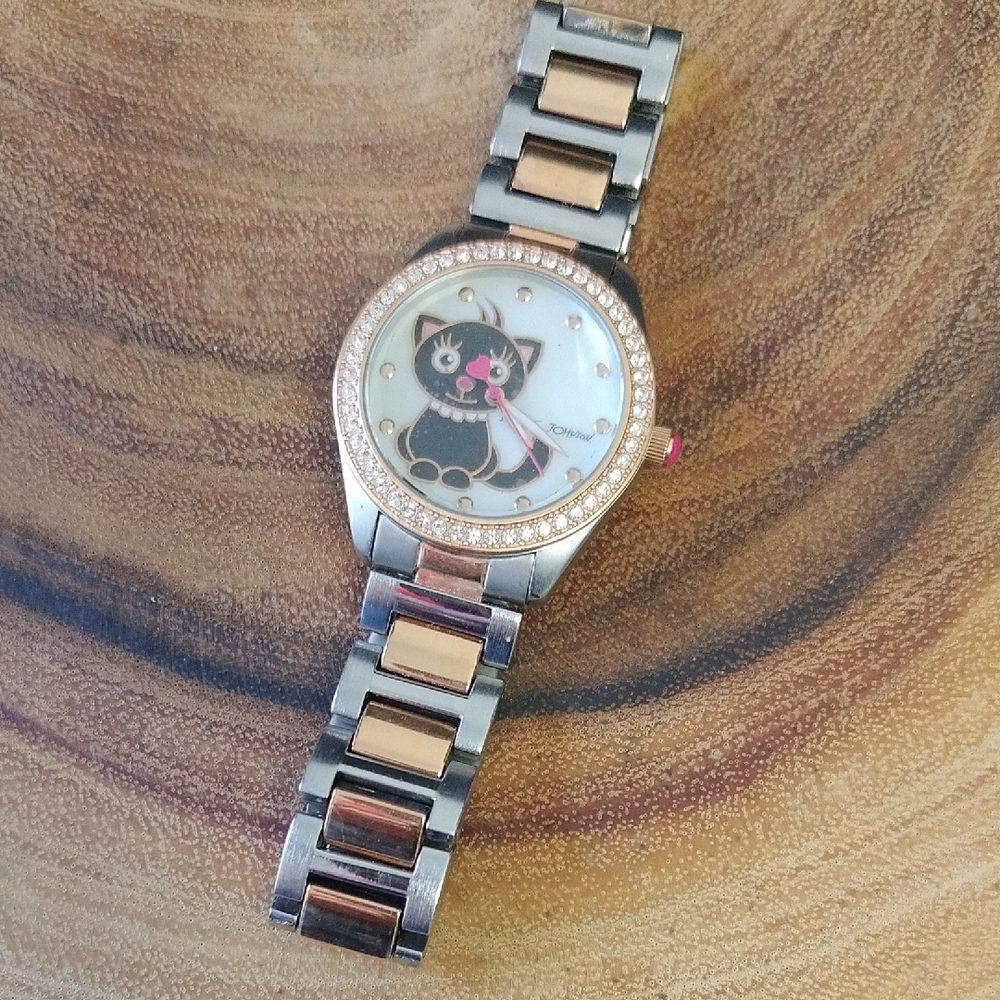 💞Betsey Johnson Black Cat Design Watch Silver & Rose Gold Tone 😻